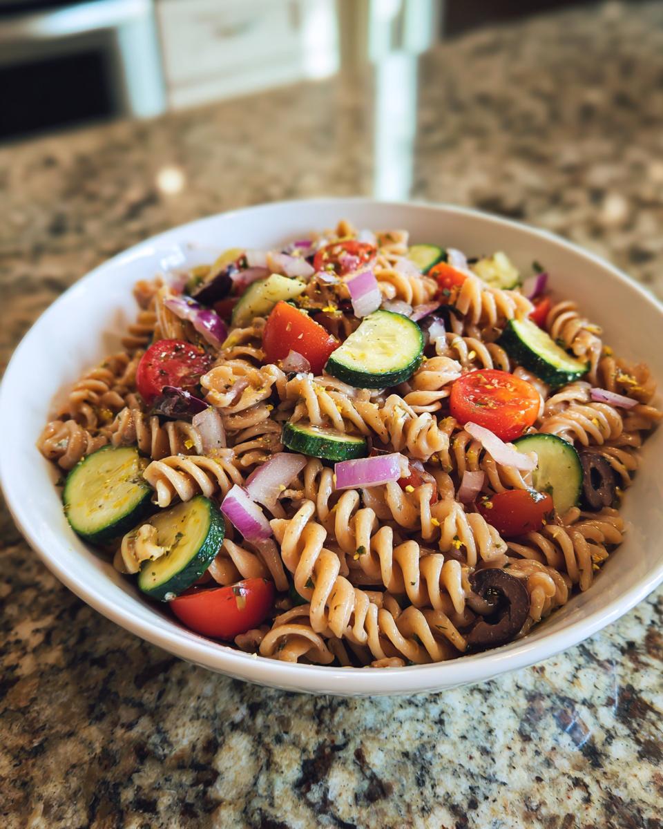 Bowl of whole grain pasta salad with cherry tomatoes, zucchini, red onions, and olives on countertop