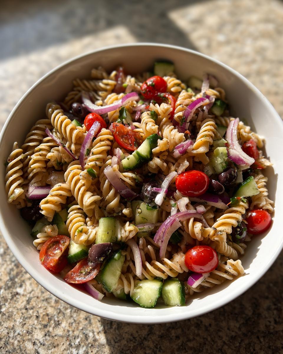 Bowl of whole grain pasta salad with cherry tomatoes, cucumber, red onion, and olives