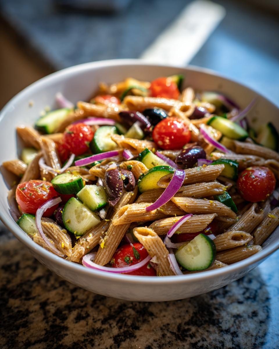 Bowl of whole grain pasta salad with cherry tomatoes, cucumber, red onion, and olives.