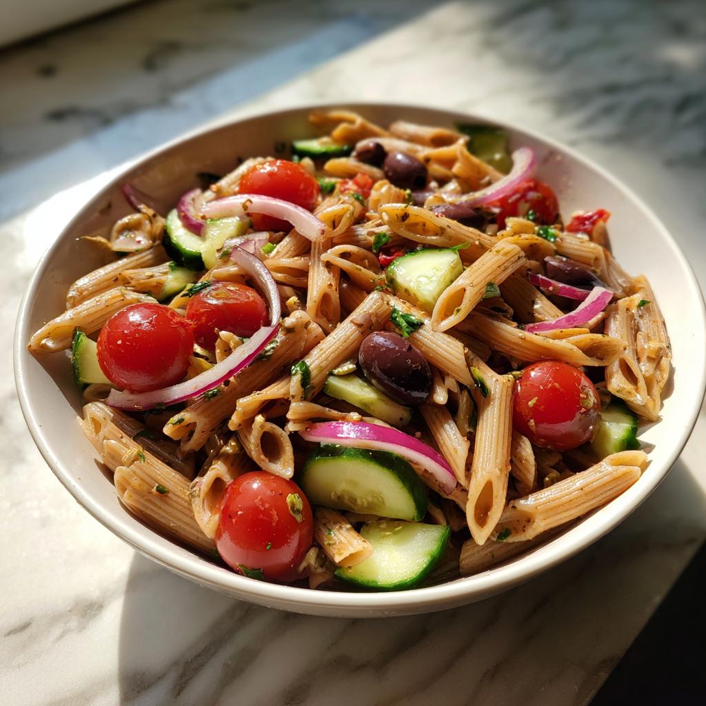 Bowl of whole grain pasta salad with cherry tomatoes, cucumber, red onion, and olives.