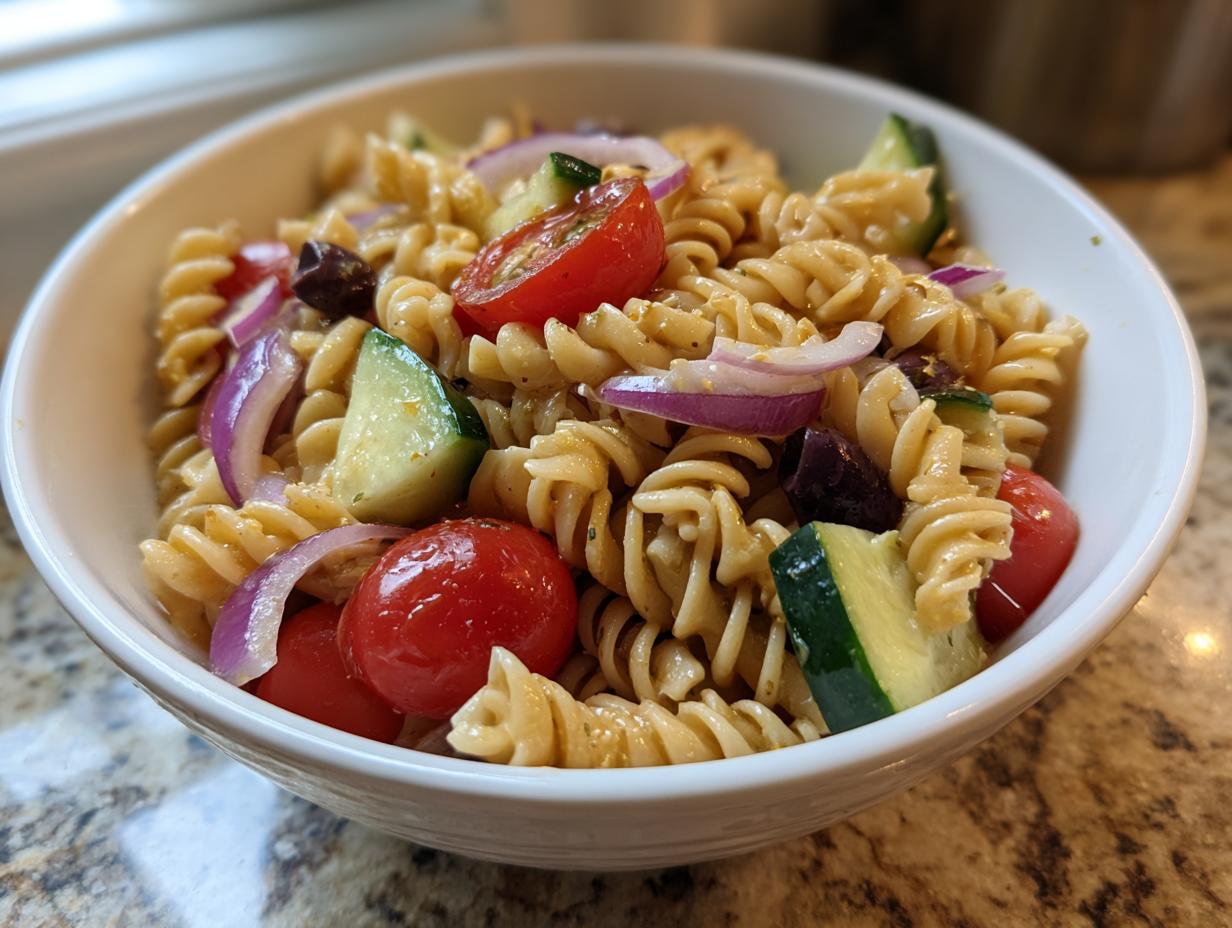 Bowl of whole grain pasta salad with cherry tomatoes, cucumbers, red onions, and olives