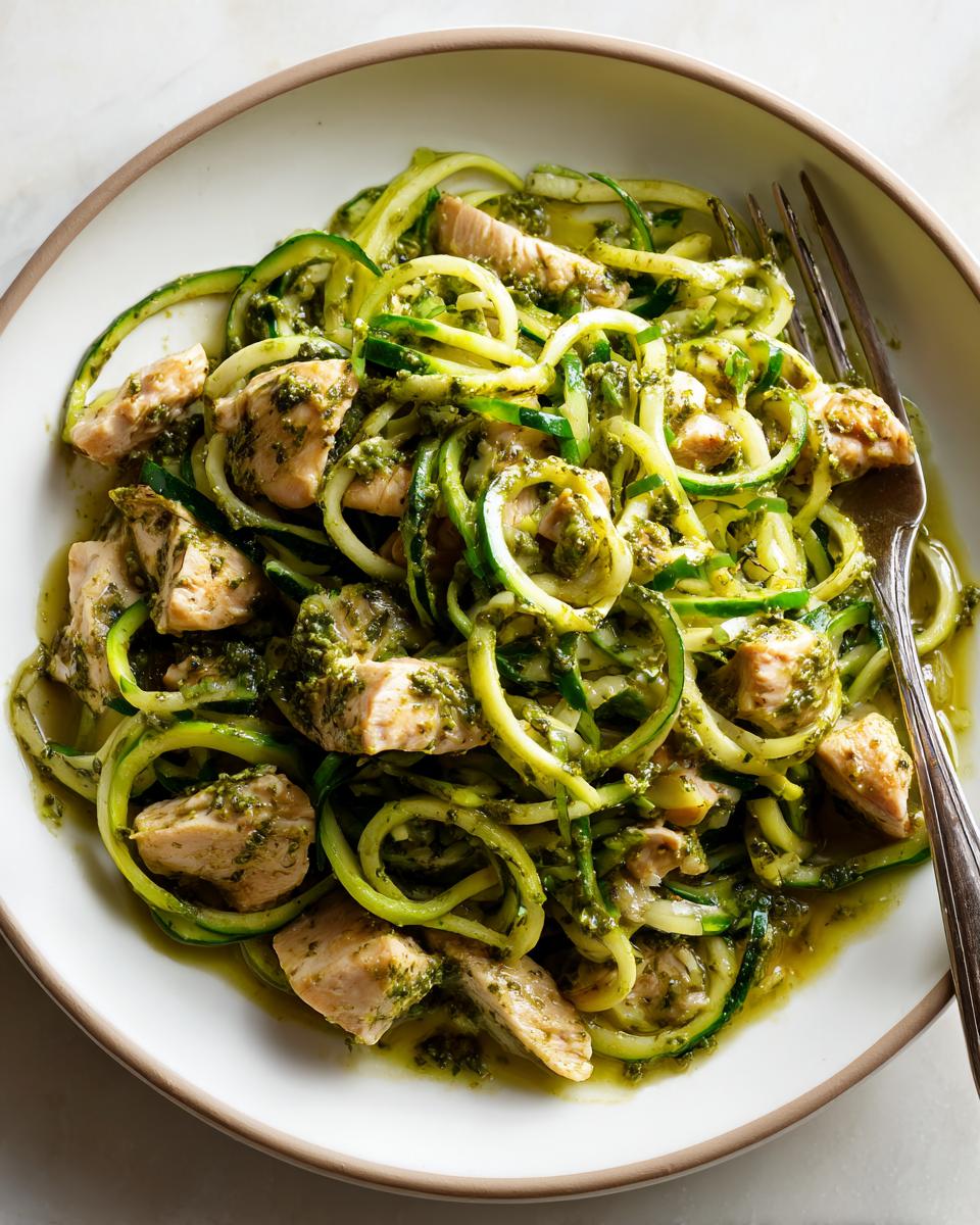 Bowl of zucchini noodle pesto chicken dinner with chunks of chicken and green pesto sauce