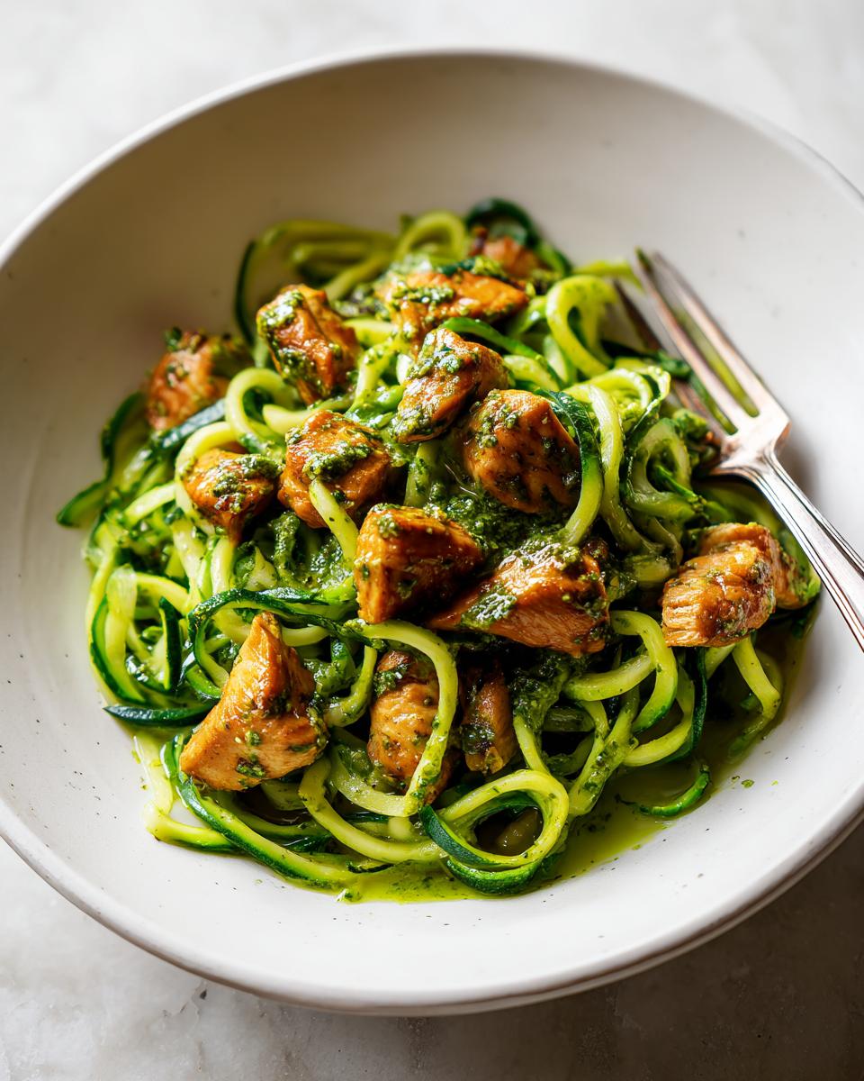 Bowl of zucchini noodle pesto chicken dinner with grilled chicken pieces and green pesto sauce