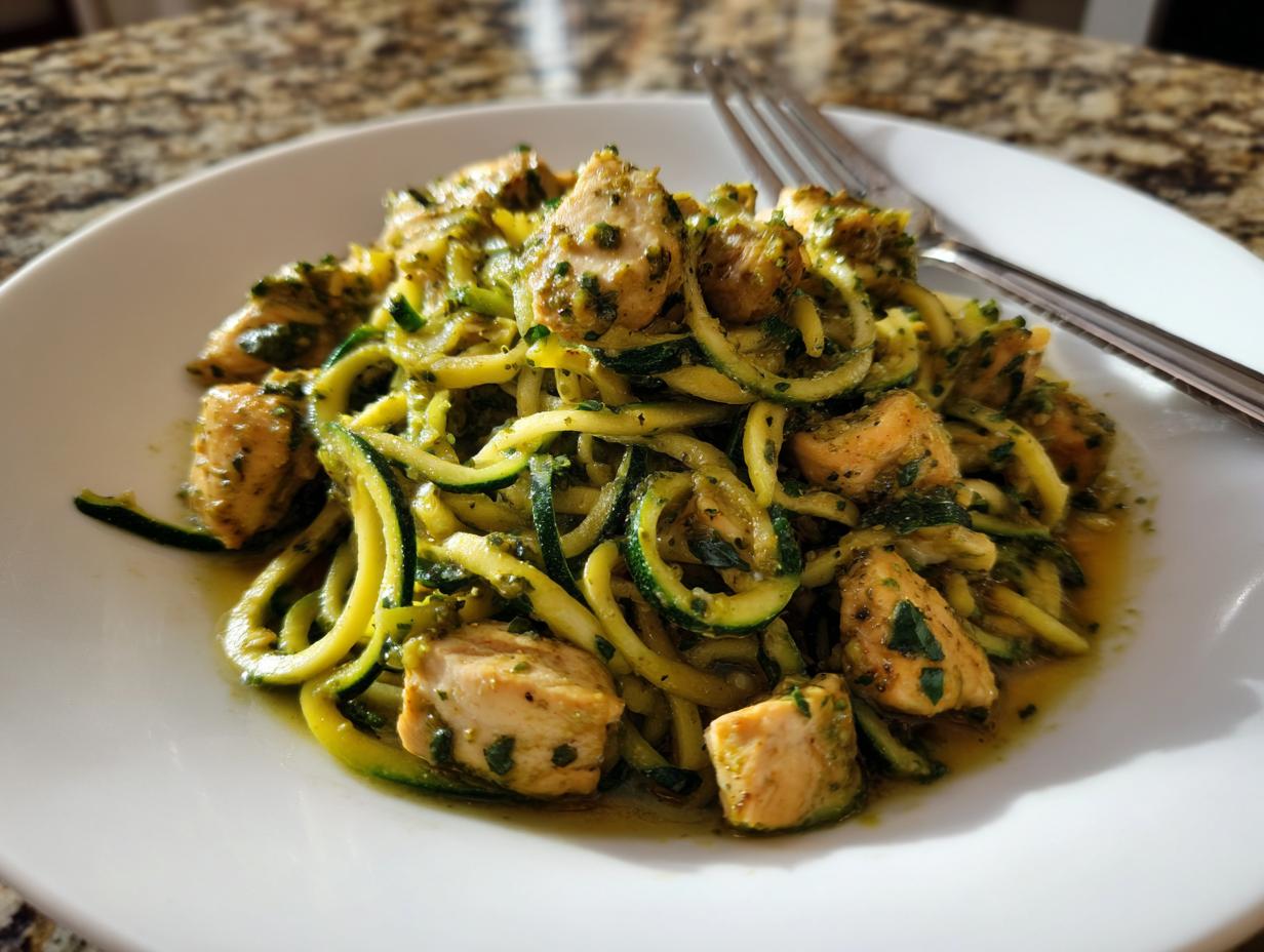 Plate of zucchini noodle pesto chicken dinner with chunks of chicken and green pesto sauce
