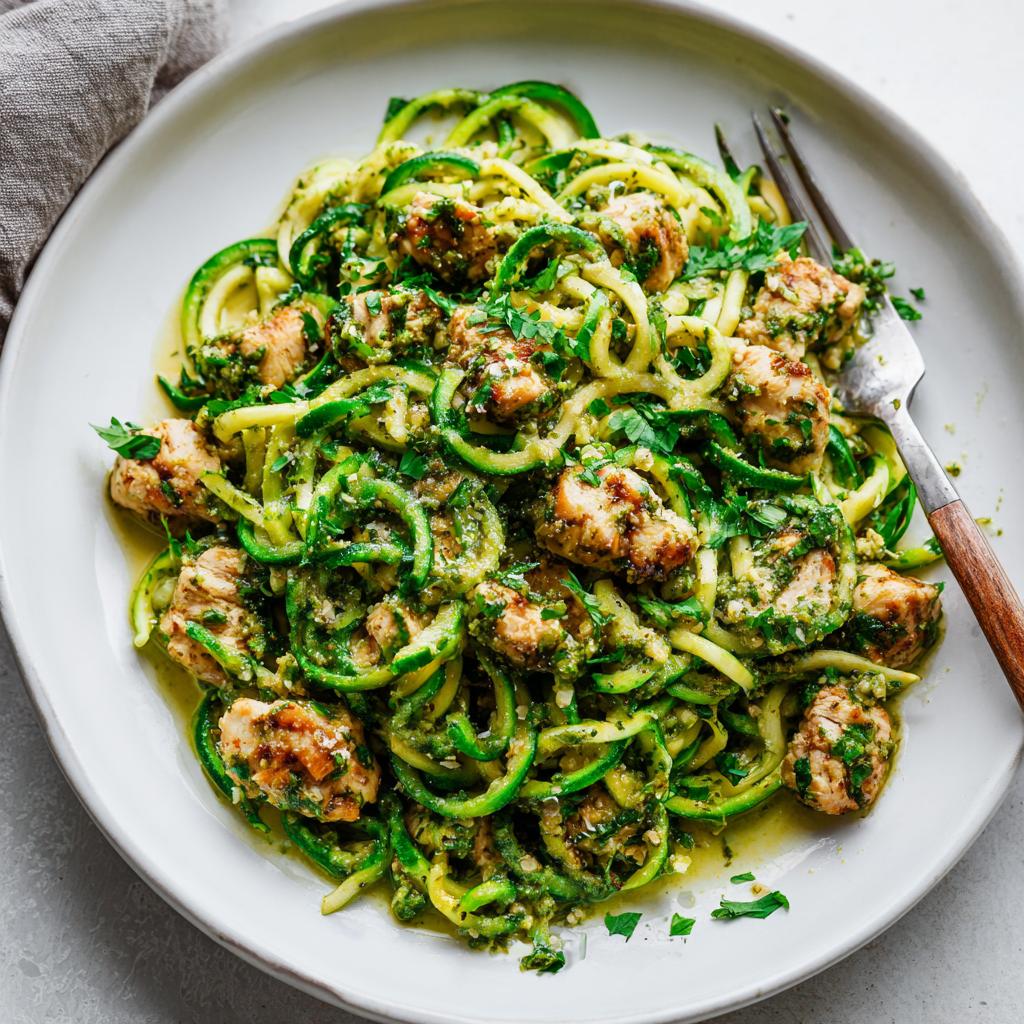Plate of zucchini noodle pesto chicken dinner with grilled chicken and fresh herbs