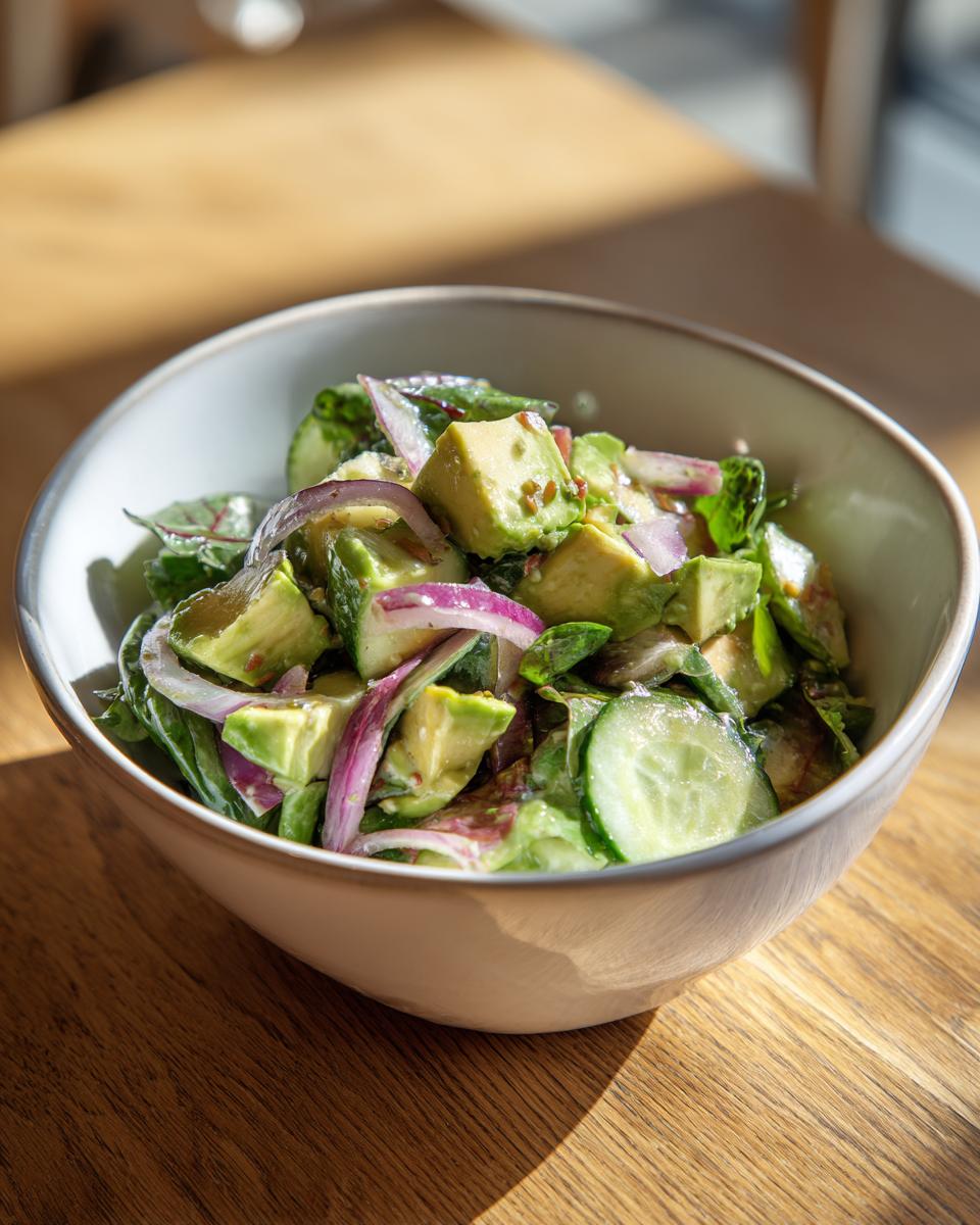 Bowl of healthy salad recipes with avocado, cucumber, red onion, and greens.