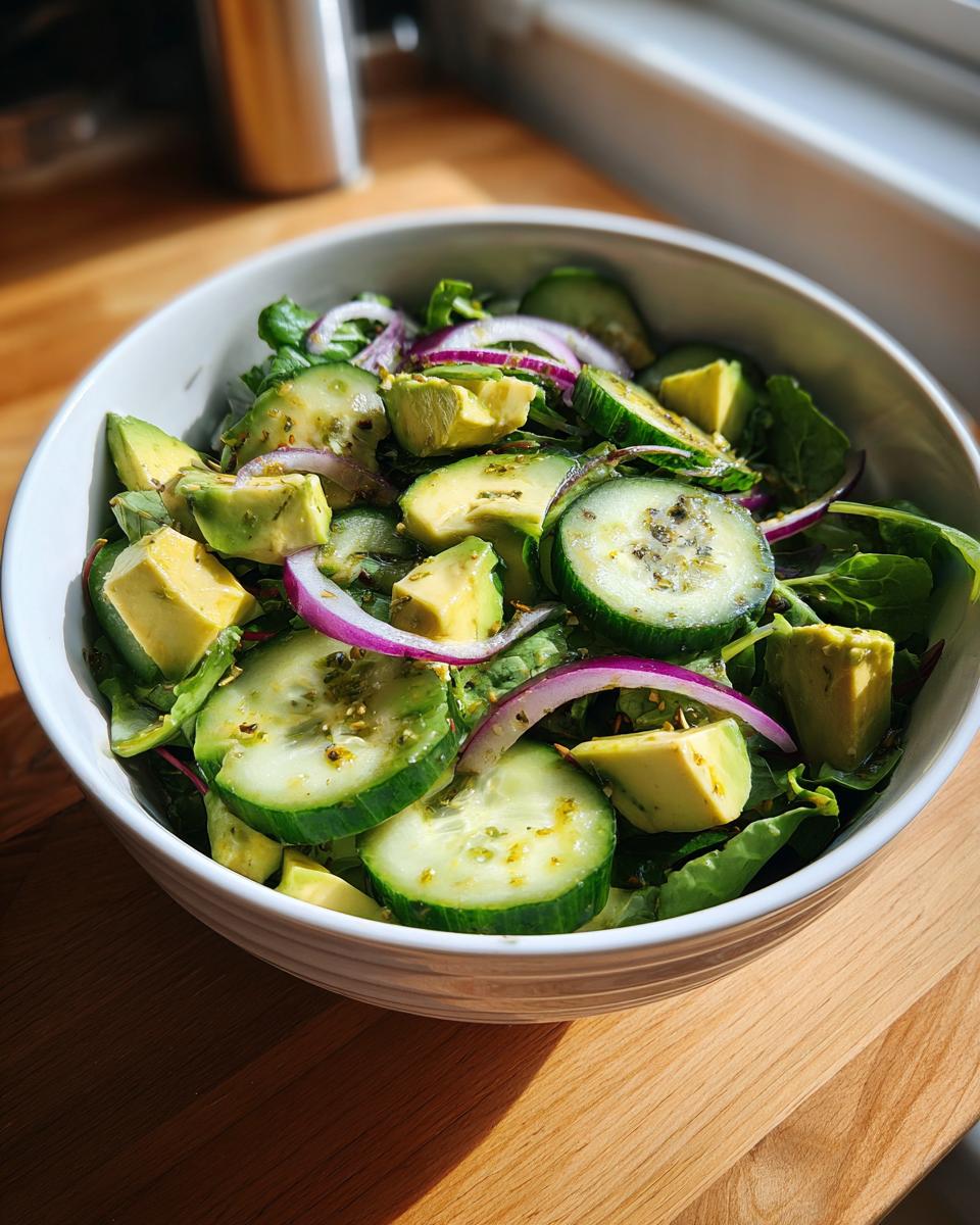 Bowl of healthy salad recipes with avocado, cucumber slices, red onion, and leafy greens.