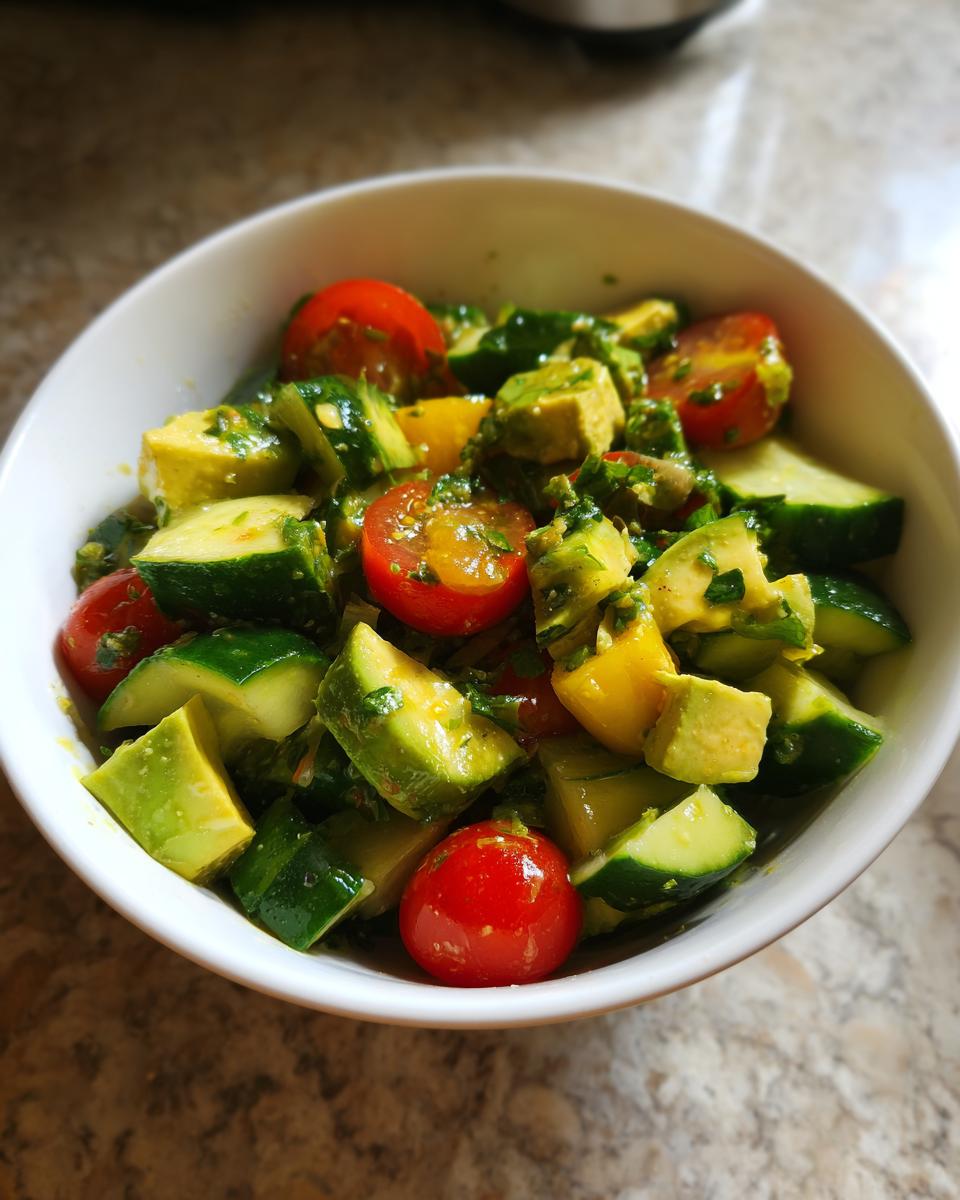 Bowl of fresh avocado, cucumber, and cherry tomato salad with herbs for easy lunch recipes