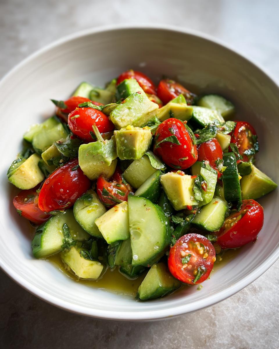 Bowl of fresh avocado cucumber tomato salad with herbs and dressing for easy lunch recipes
