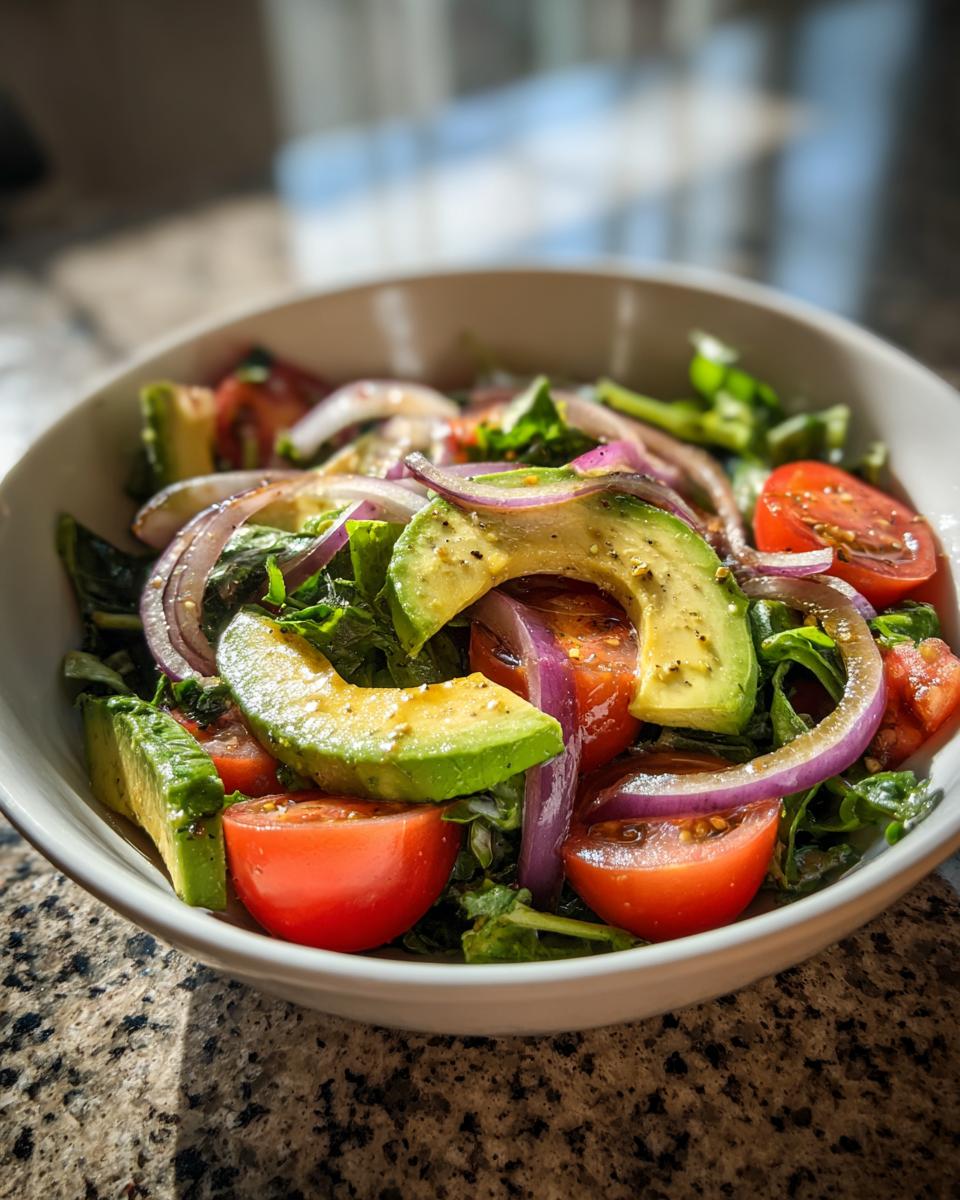 Bowl of fresh salad with avocado slices, cherry tomatoes, red onions, and greens for lunch ideas healthy