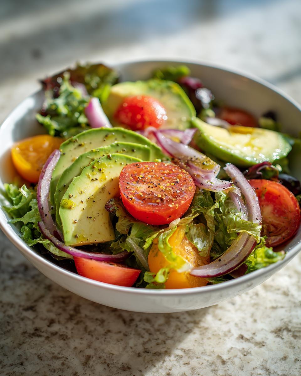 Bowl of fresh avocado, tomato, red onion, and leafy greens salad seasoned with pepper.