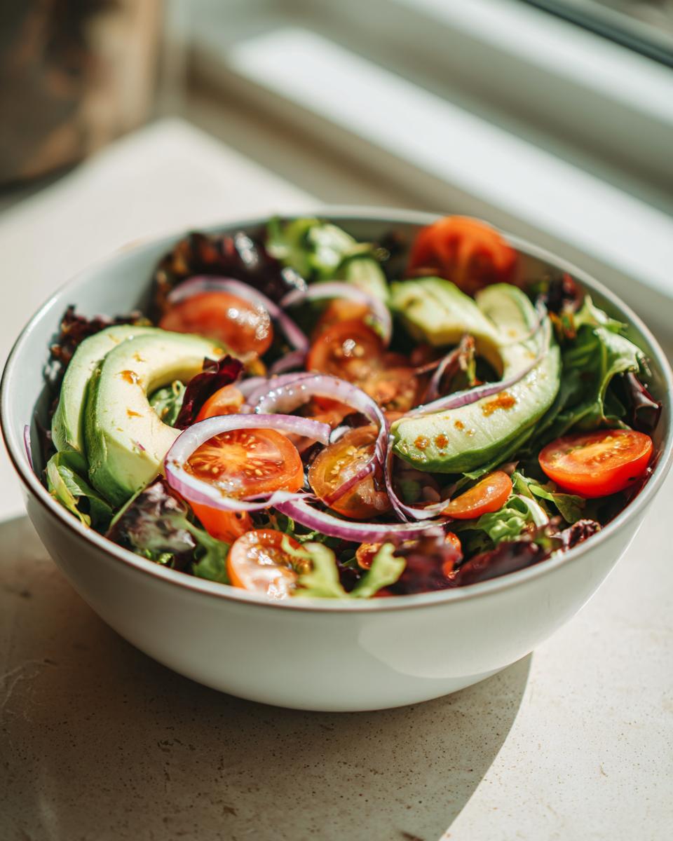 Bowl of fresh salad with avocado, cherry tomatoes, red onion, and mixed greens for lunch ideas healthy