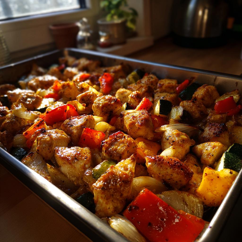 Close-up of a baked chicken kebab tray for iftar with seasoned chicken and colorful vegetables.
