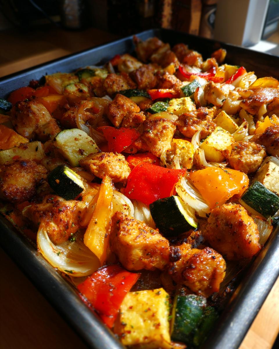 Tray of baked chicken kebab with colorful vegetables including zucchini, bell peppers, and onions.