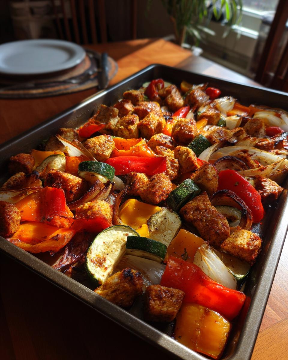 Tray of baked chicken kebab pieces with grilled bell peppers, zucchini, and onions for iftar.