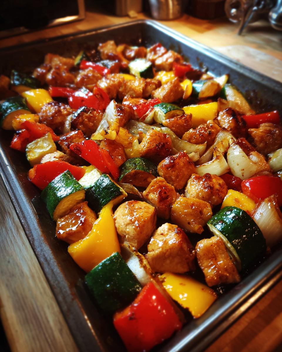 Tray of baked chicken kebab with colorful bell peppers, zucchini, and onions for iftar.