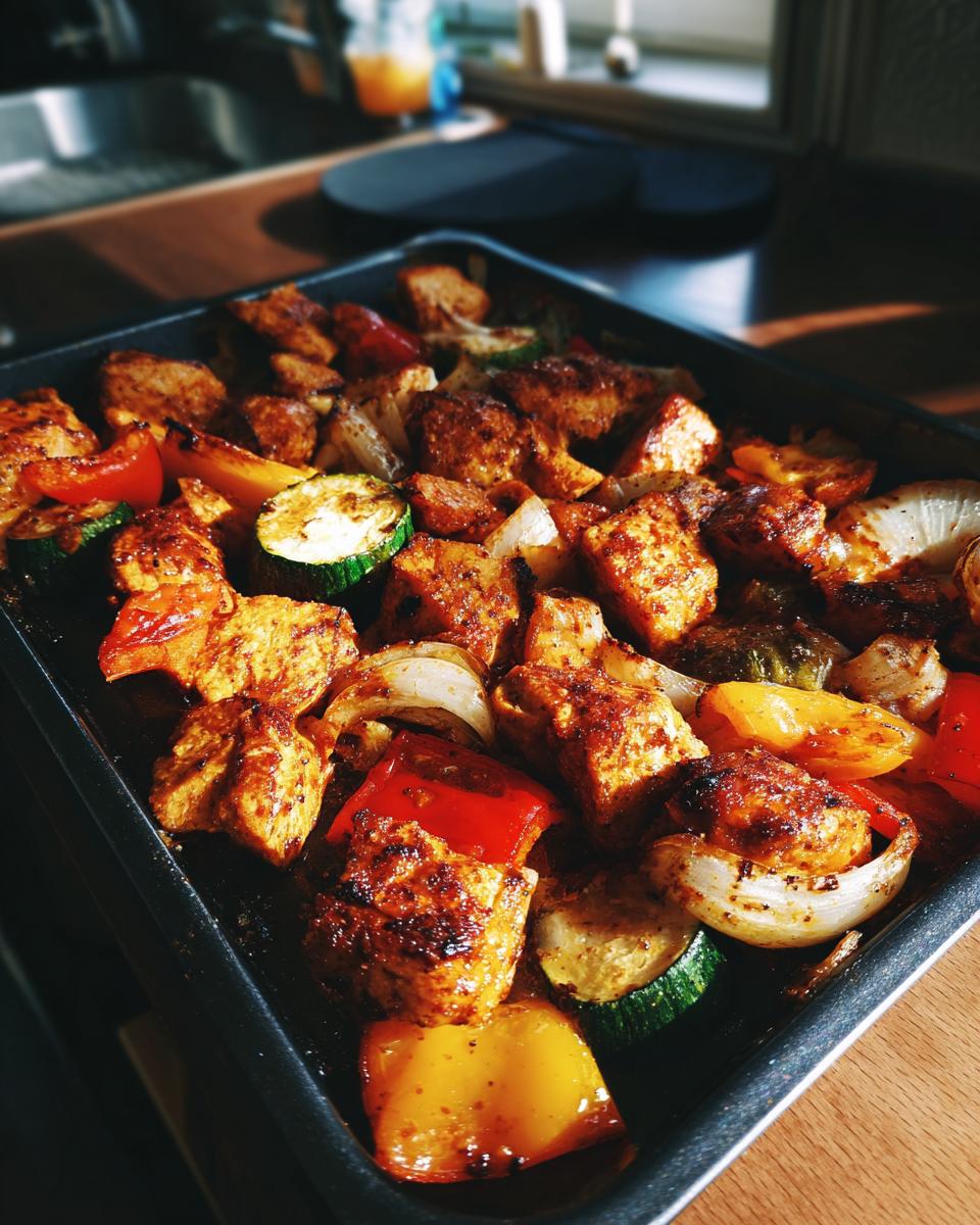 Tray of baked chicken kebab pieces with grilled bell peppers, onions, and zucchini for iftar.