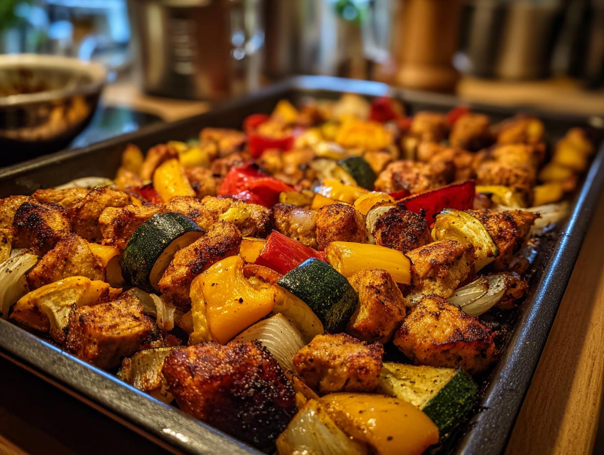 Close-up of a baked chicken kebab tray for iftar with colorful bell peppers, zucchini, and onions
