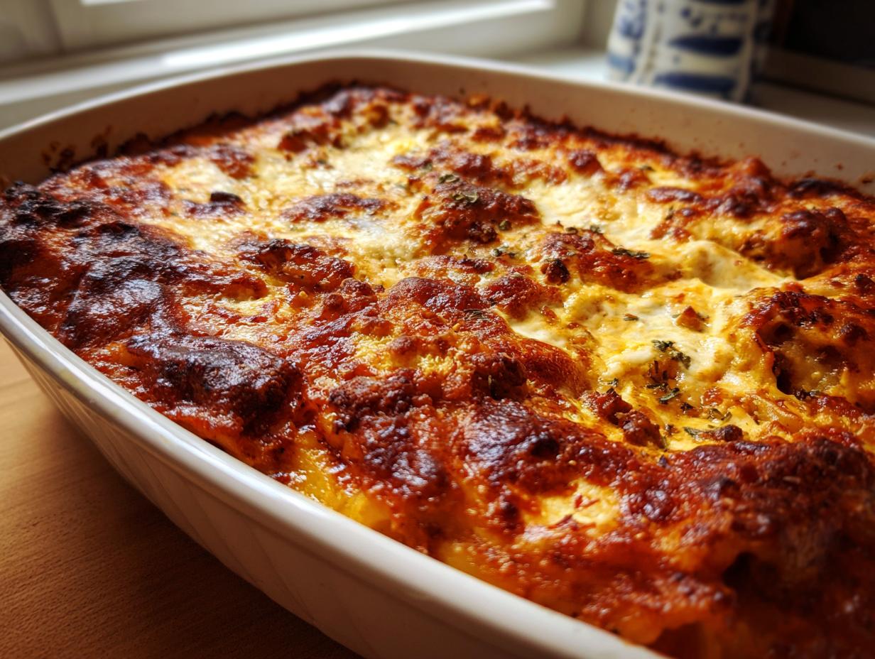 Close-up of golden brown baked pasta iftar recipes with melted cheese in a ceramic baking dish.