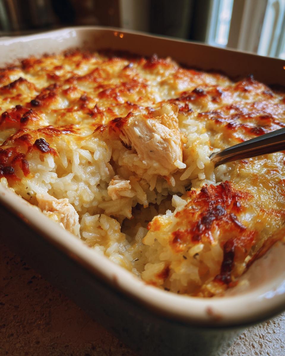 Close-up of golden baked rice and chicken casserole iftar in a ceramic dish with a spoon.