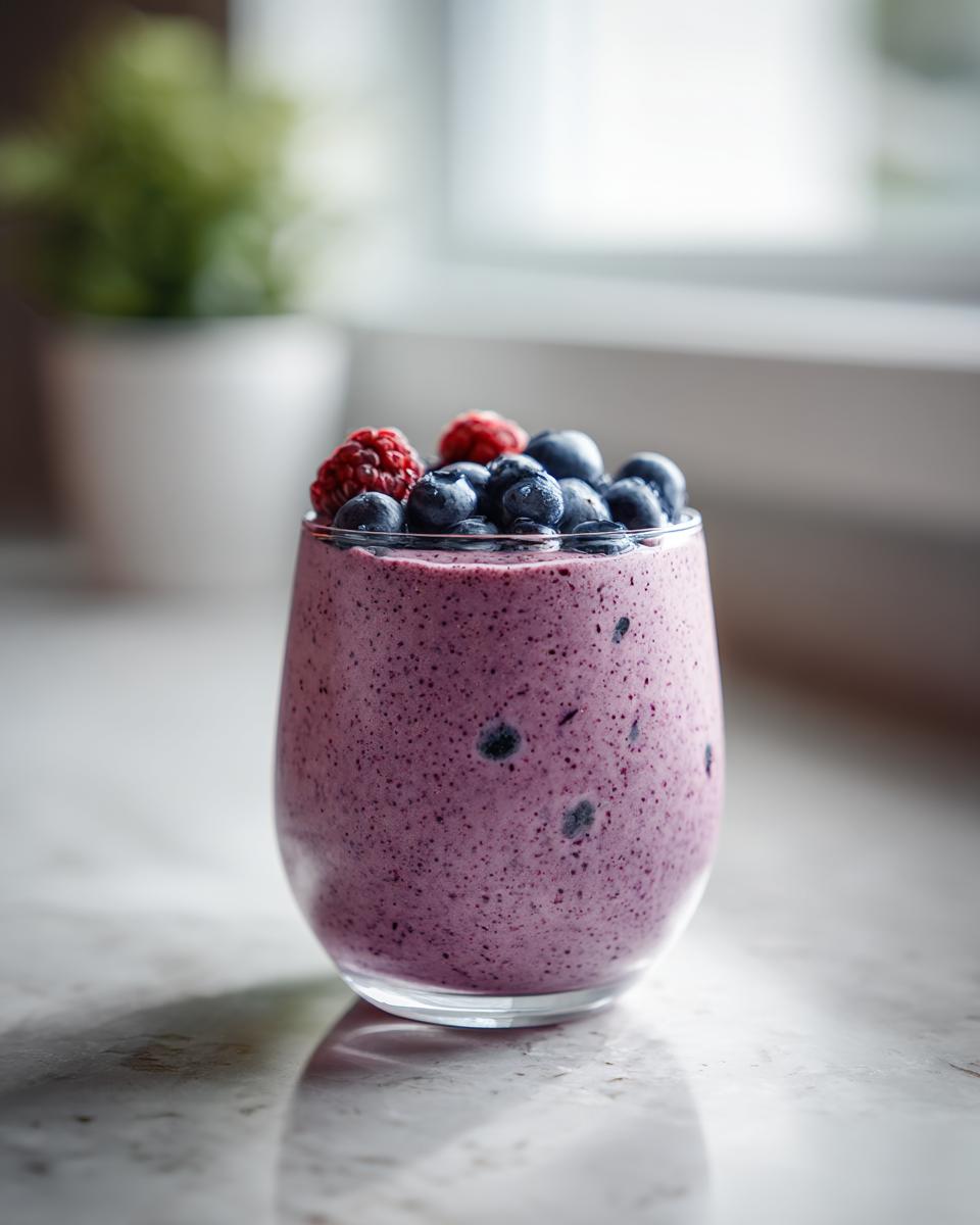 Glass of purple berry smoothie topped with fresh blueberries and raspberries on a marble surface.