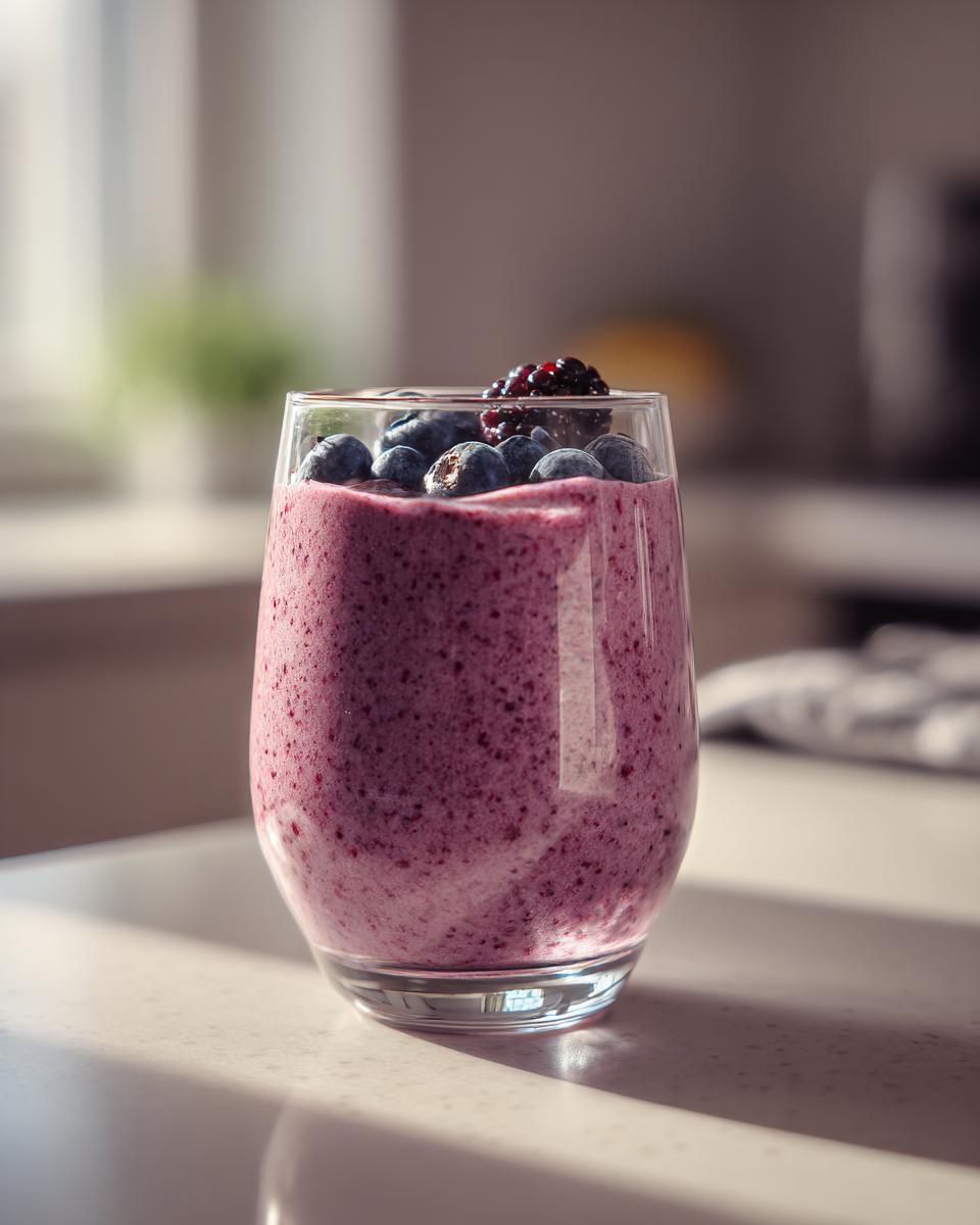 Glass of berry smoothie topped with fresh blueberries and a blackberry on a kitchen counter