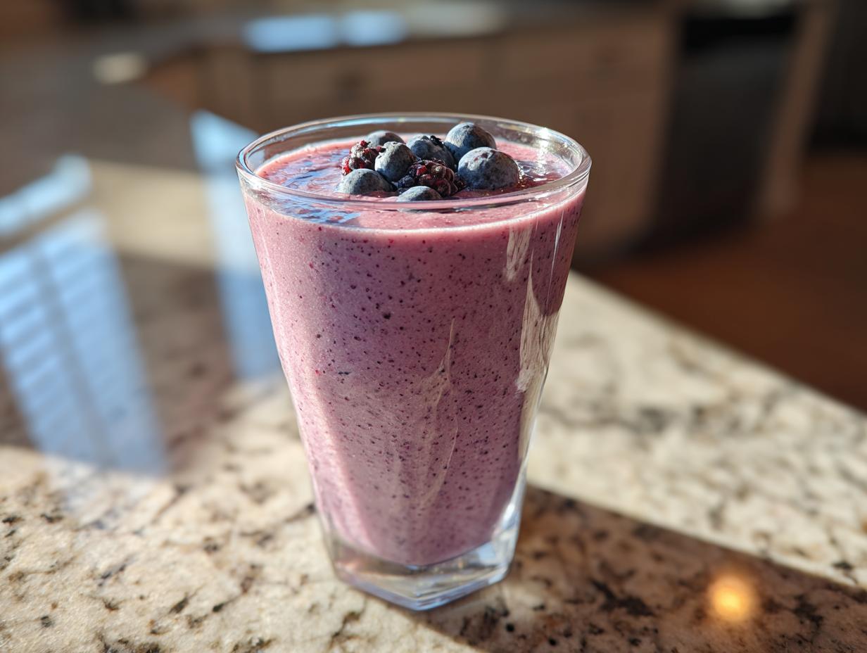Glass of purple berry smoothie topped with fresh blueberries on a kitchen counter.