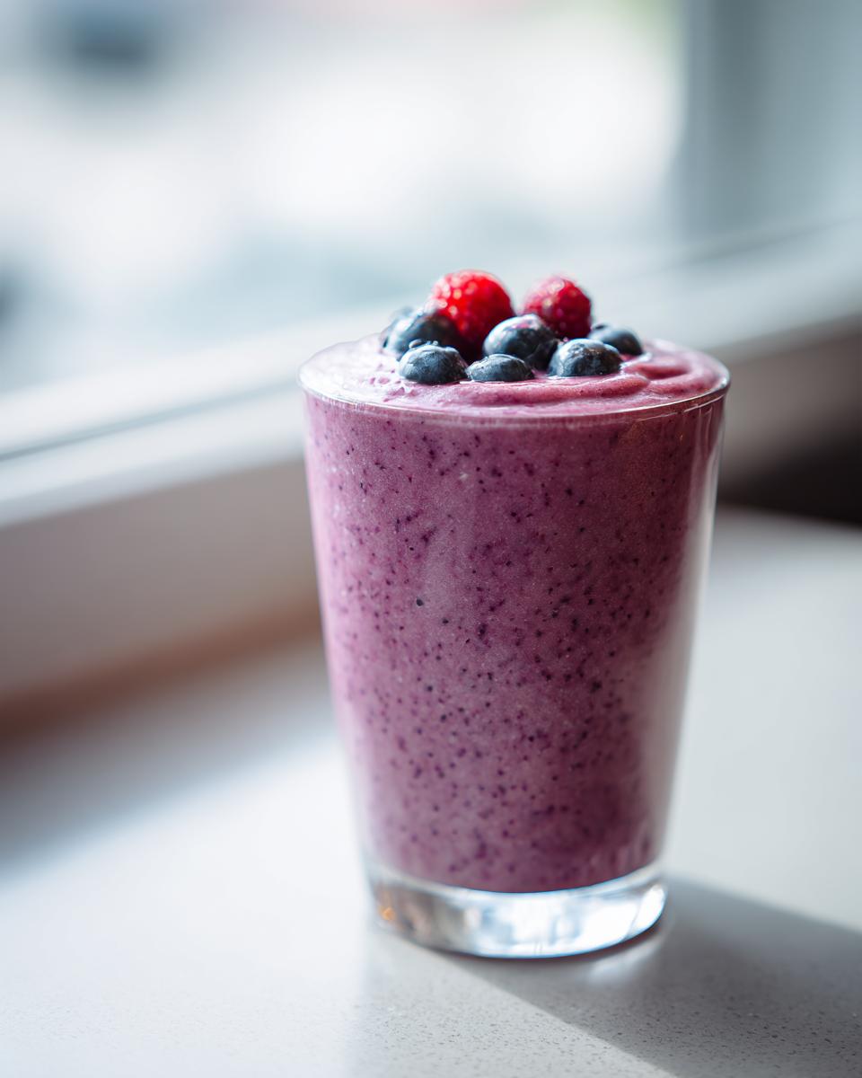 Purple berry smoothie topped with blueberries and raspberries in a clear glass.