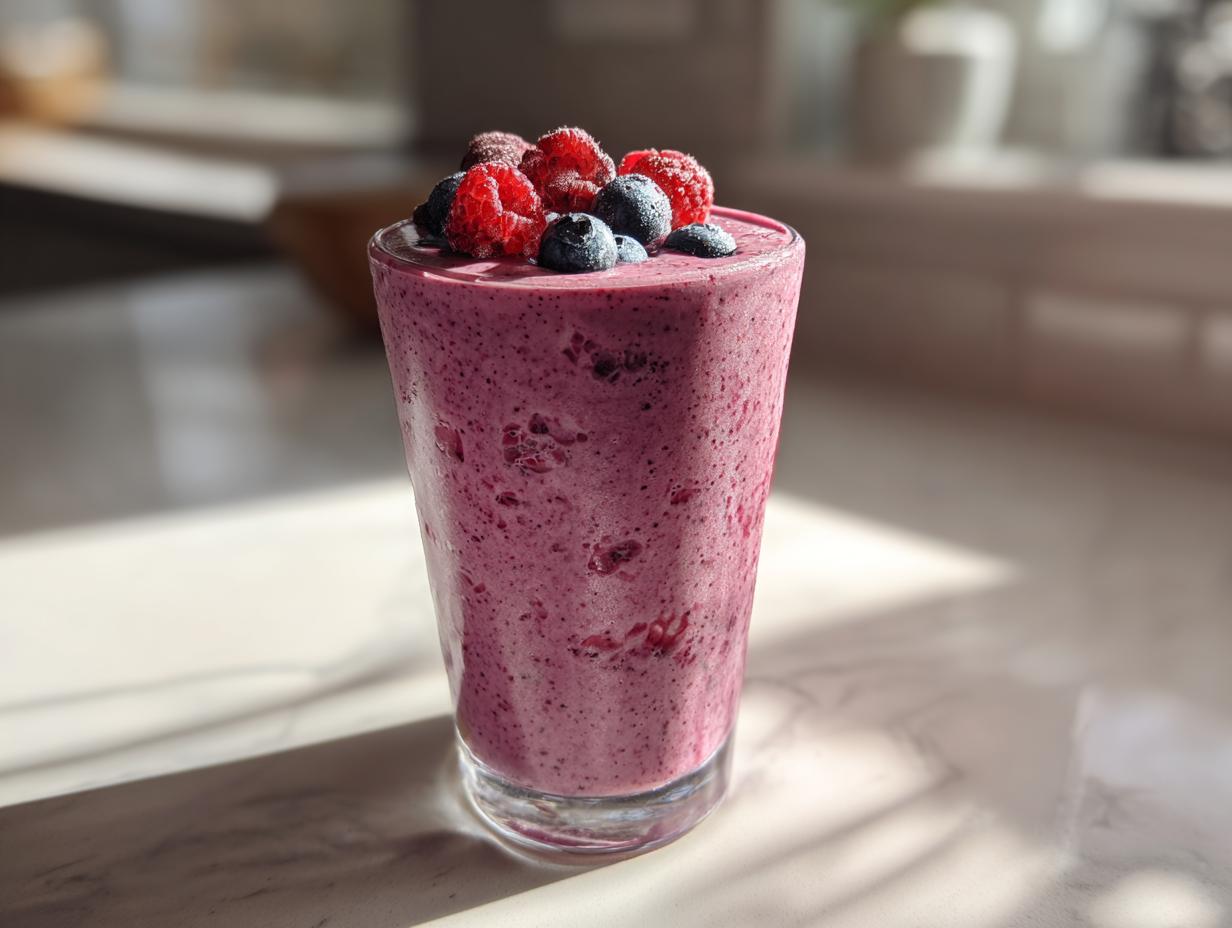 Glass filled with a purple berry smoothie topped with fresh raspberries and blueberries