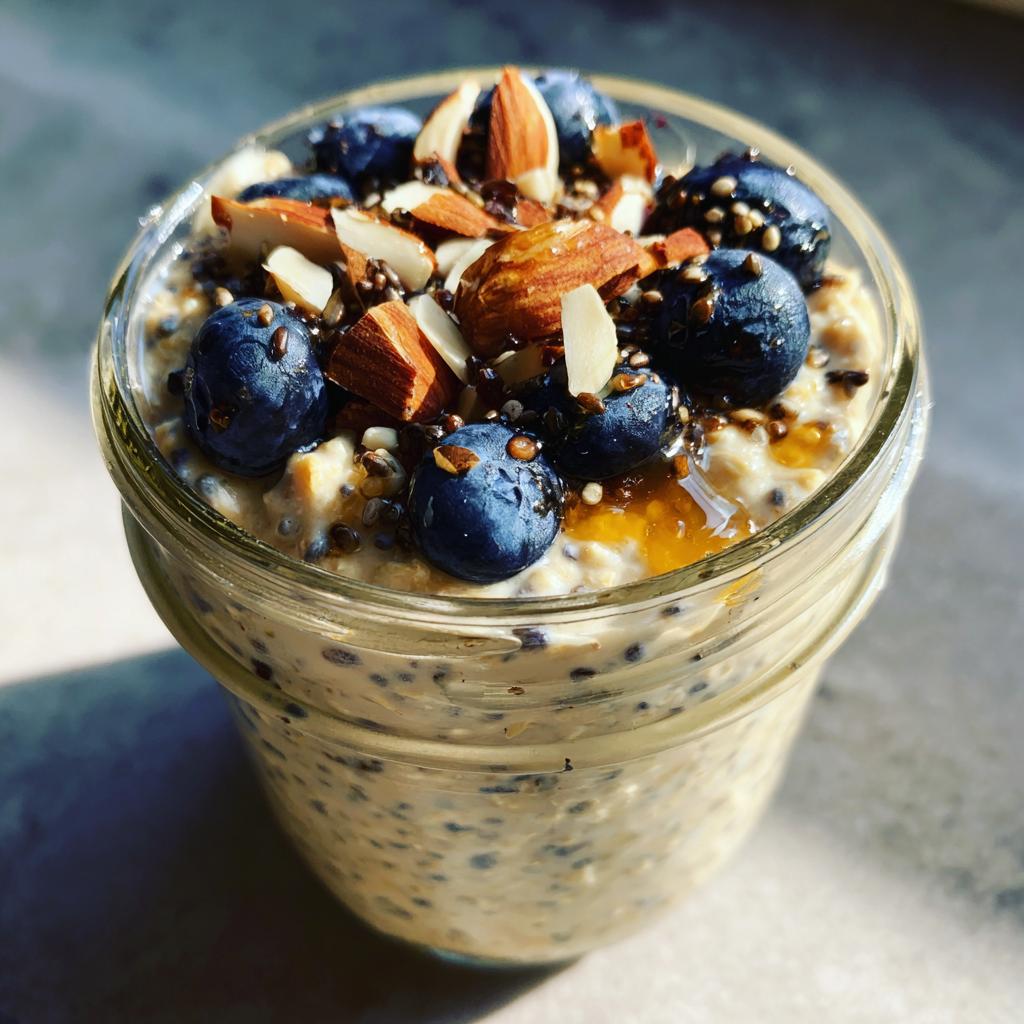 Jar of overnight oats topped with blueberries, chopped almonds, and chia seeds for suhoor.