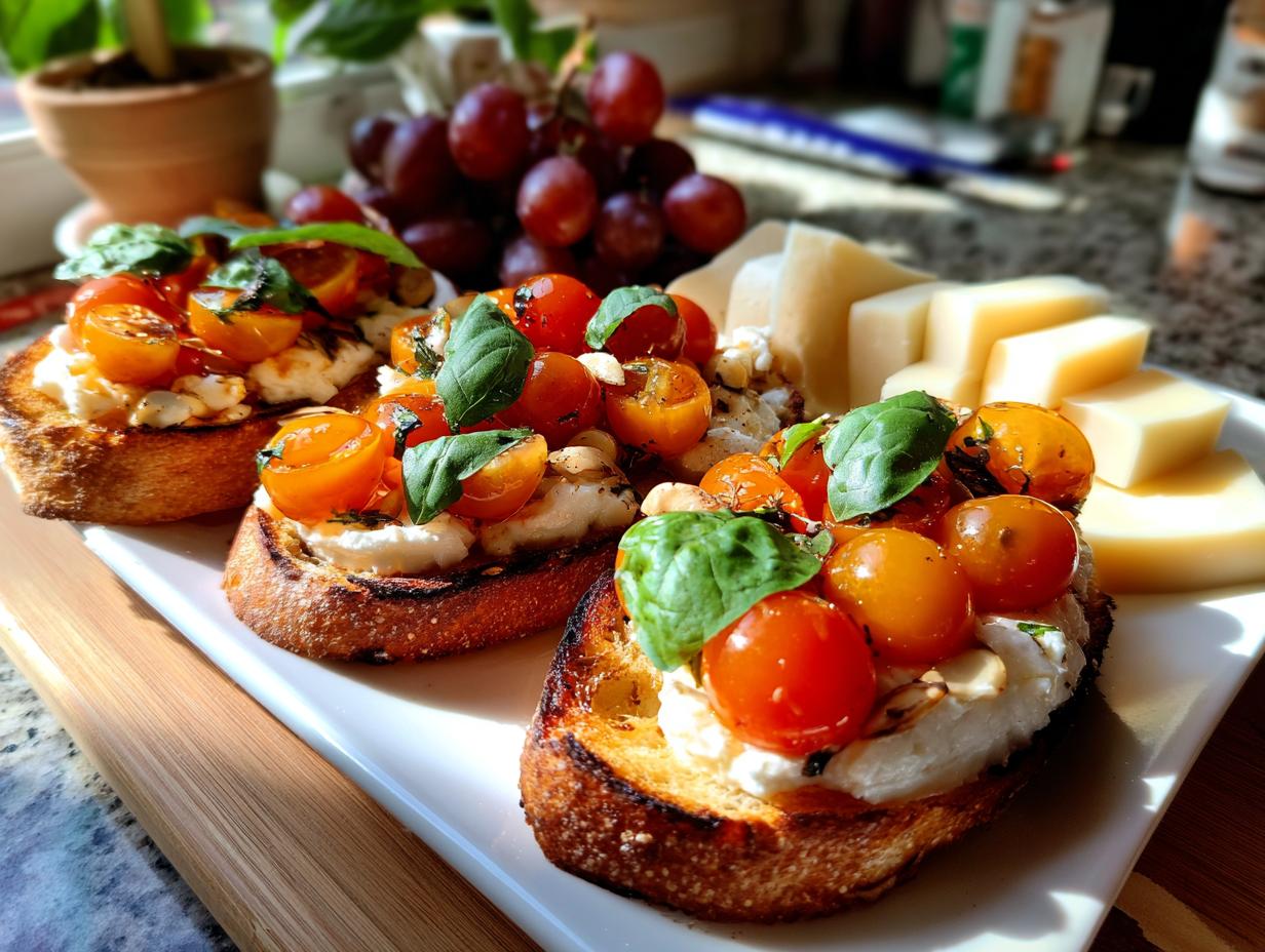 Toasted bruschetta topped with cherry tomatoes, basil, and cheese, served with grapes and cheese slices