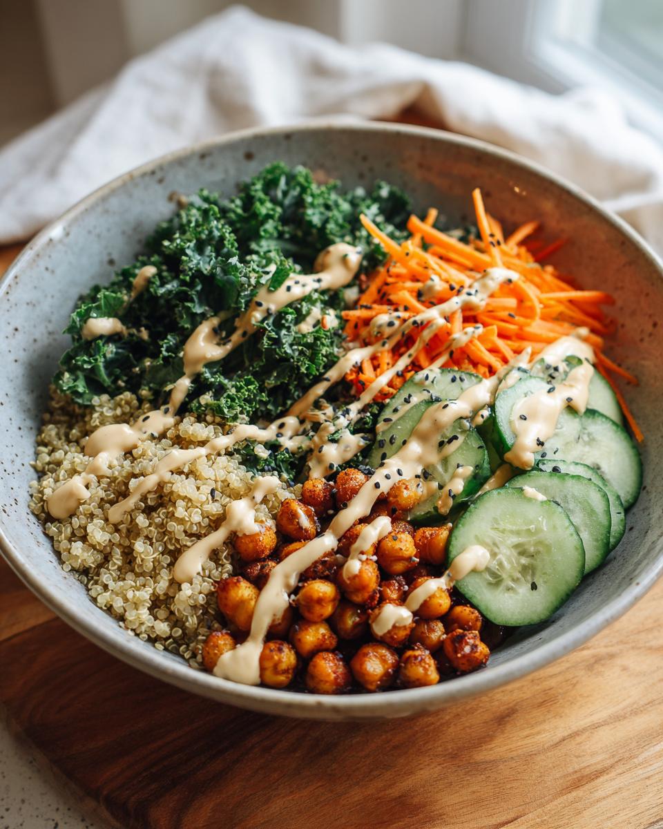 Buddha bowl recipes featuring quinoa, kale, shredded carrots, cucumber slices, roasted chickpeas, and tahini drizzle.