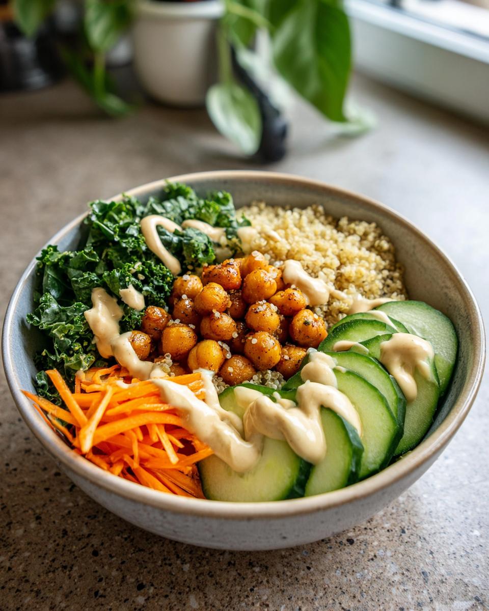 Buddha bowl recipes with roasted chickpeas, kale, quinoa, sliced cucumber, shredded carrots, and creamy dressing