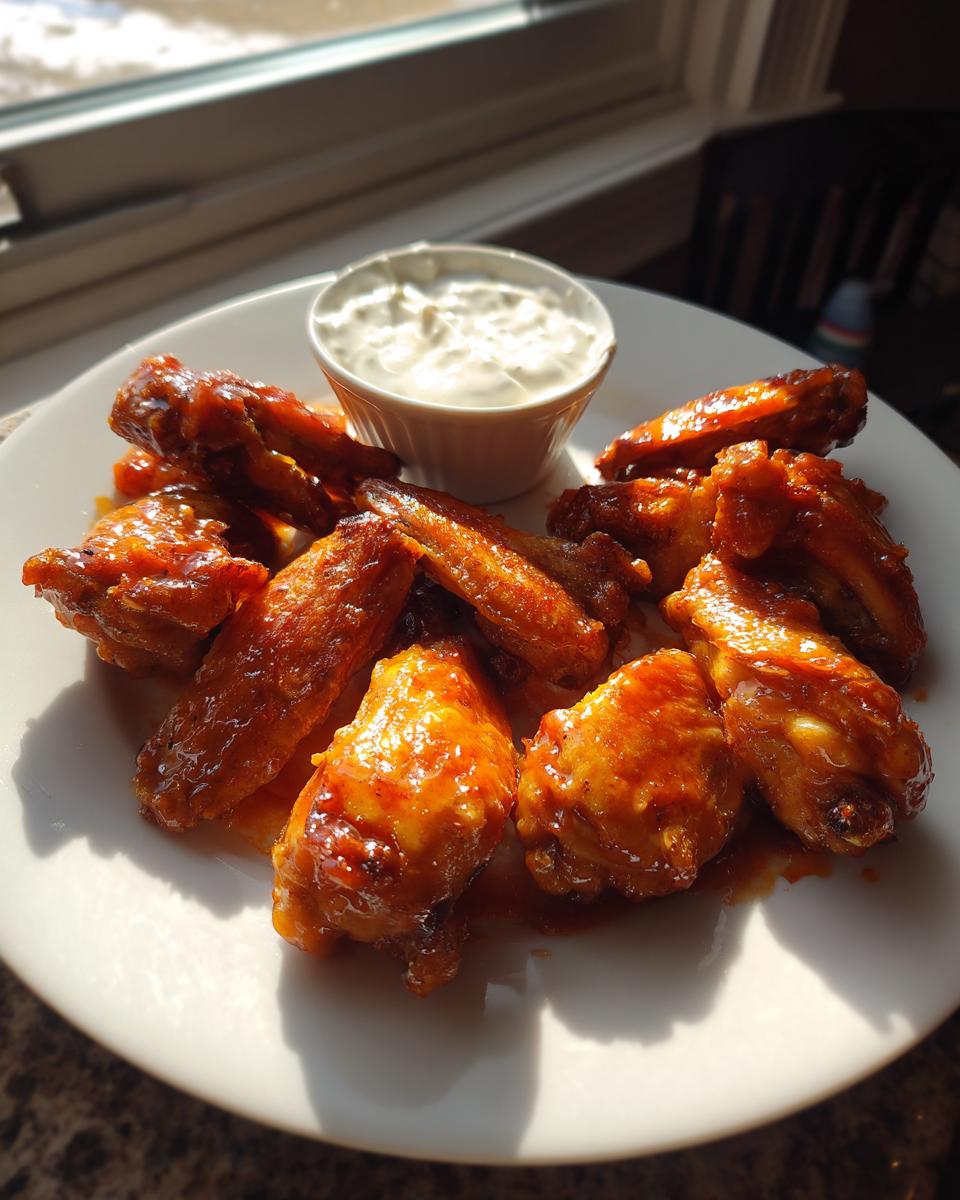Plate of buffalo chicken wings with a cup of ranch dip, perfect super bowl appetizers.