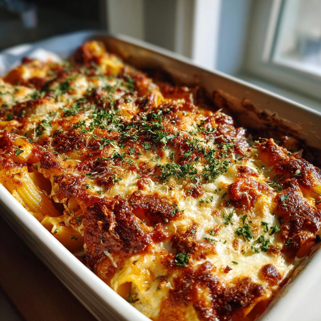 Close-up of cheesy baked pasta iftar recipes with herbs in a white casserole dish.