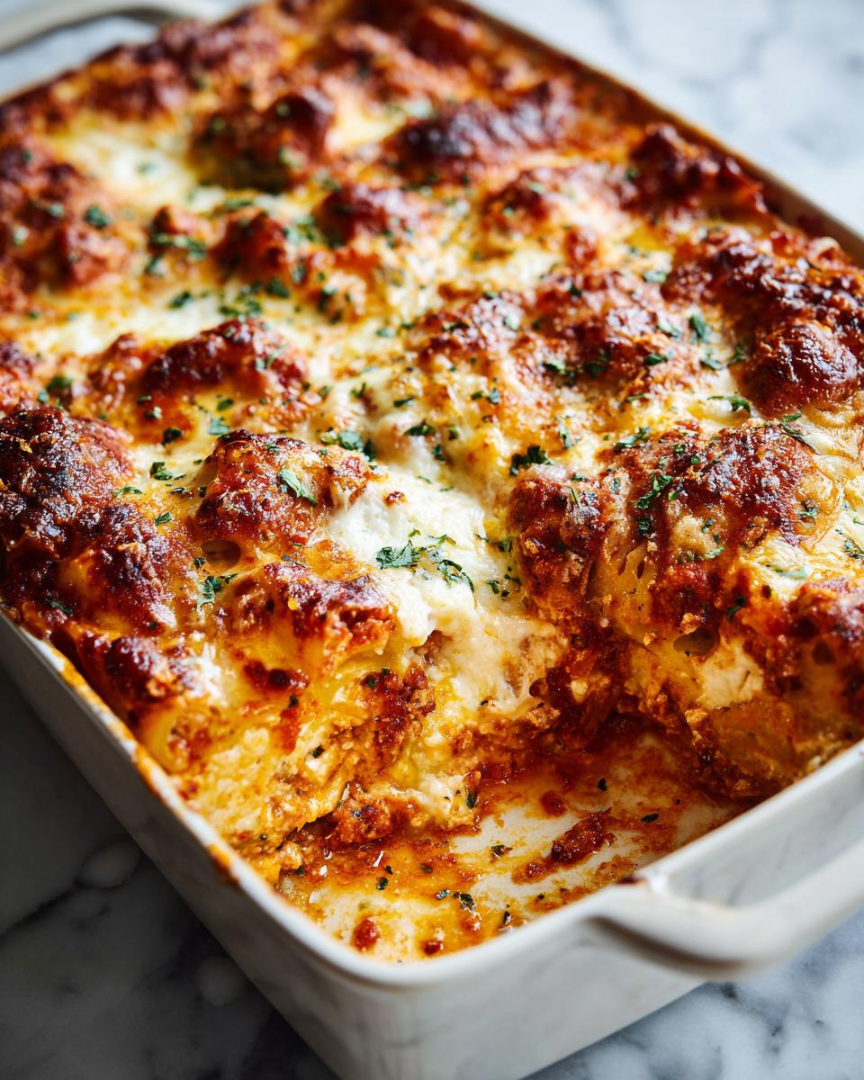 Close-up of cheesy baked pasta iftar recipes with browned cheese and herbs in a white baking dish