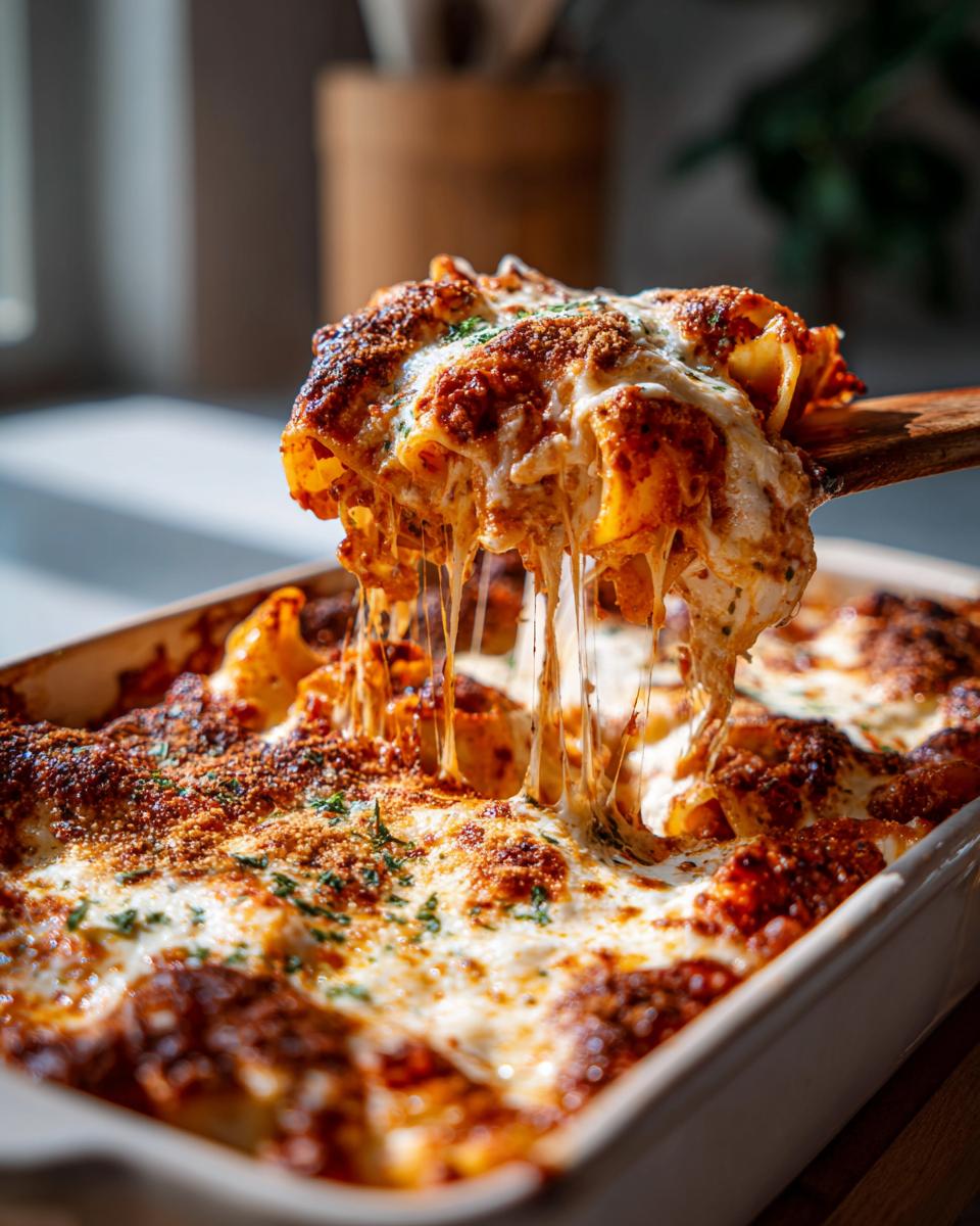 A wooden spatula lifting cheesy baked pasta from a casserole dish with melted cheese and tomato sauce.