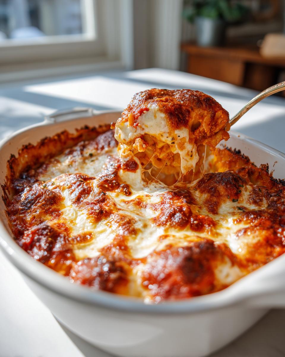Spoon lifting cheesy baked pasta from a white casserole dish with golden brown crust.