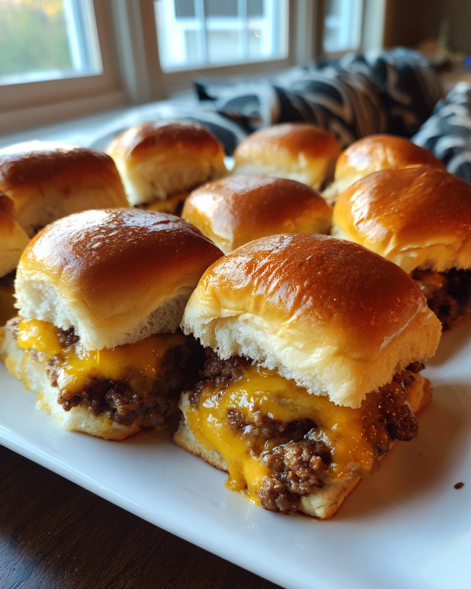 Close-up of cheesy game day sliders with melted cheddar on soft buns.