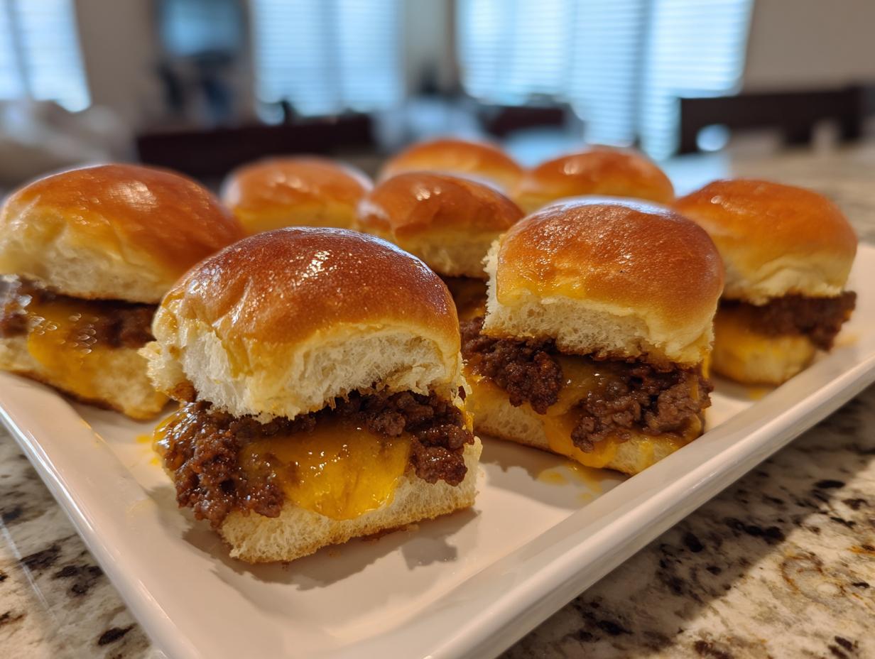 Plate of cheesy game day sliders with beef patties on soft buns.