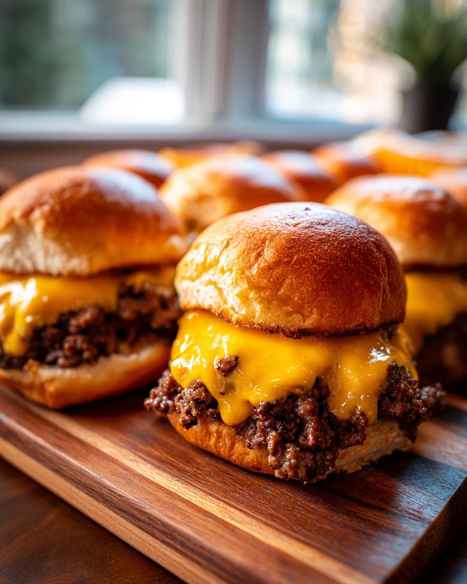 Close-up of cheesy game day sliders with melted cheddar on wooden serving board.