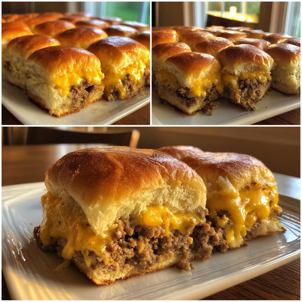 Close-up of cheesy game day sliders with ground beef on soft buns on a white plate.