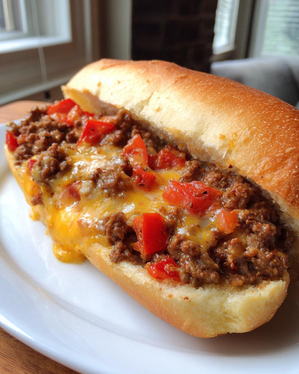 Close-up of a sloppy joe sandwich with ground beef, melted cheese, and red peppers on a bun.