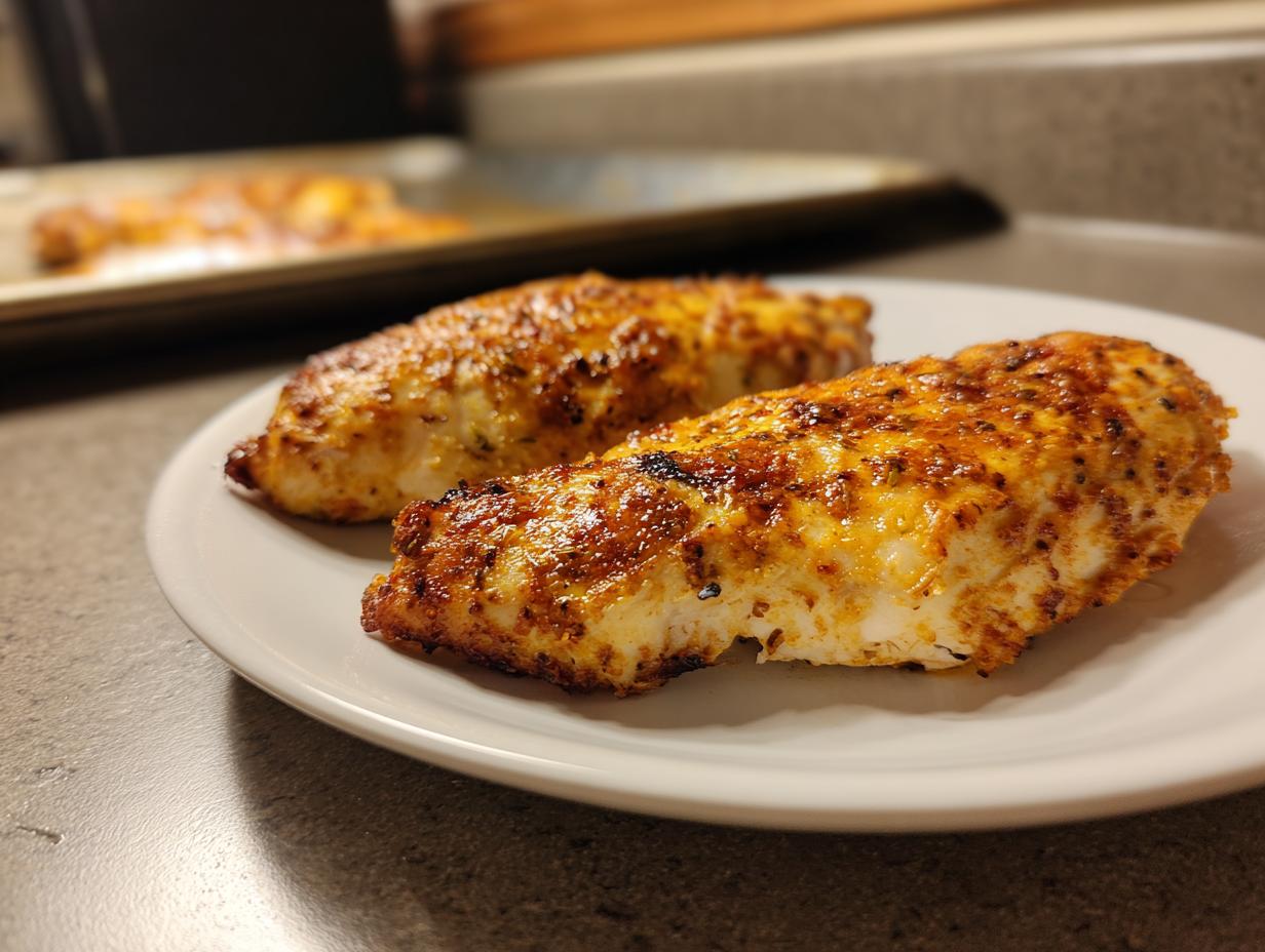 Two seasoned and cooked chicken breasts on a white plate for chicken meal prep.