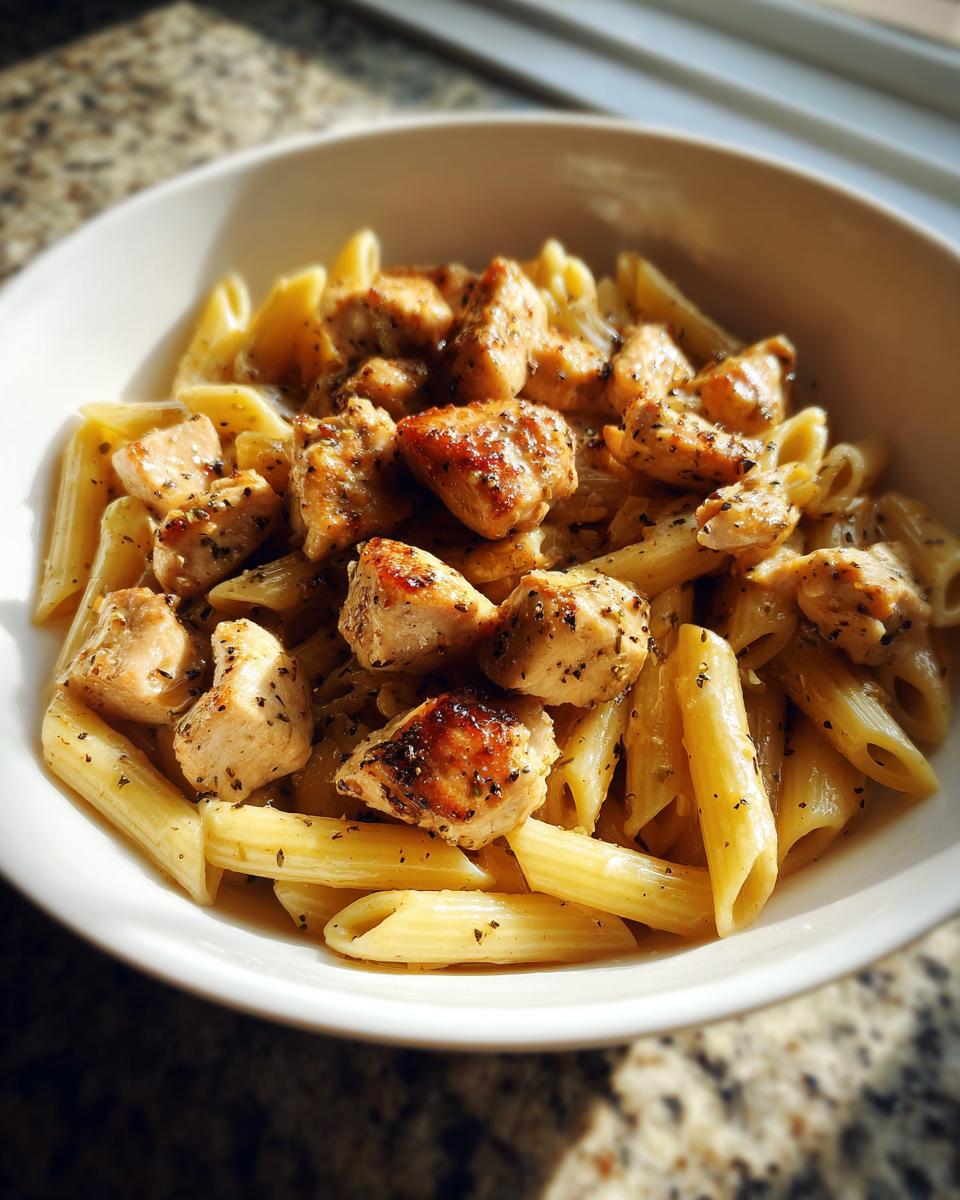 Bowl of penne pasta topped with seasoned grilled chicken pieces and herbs.