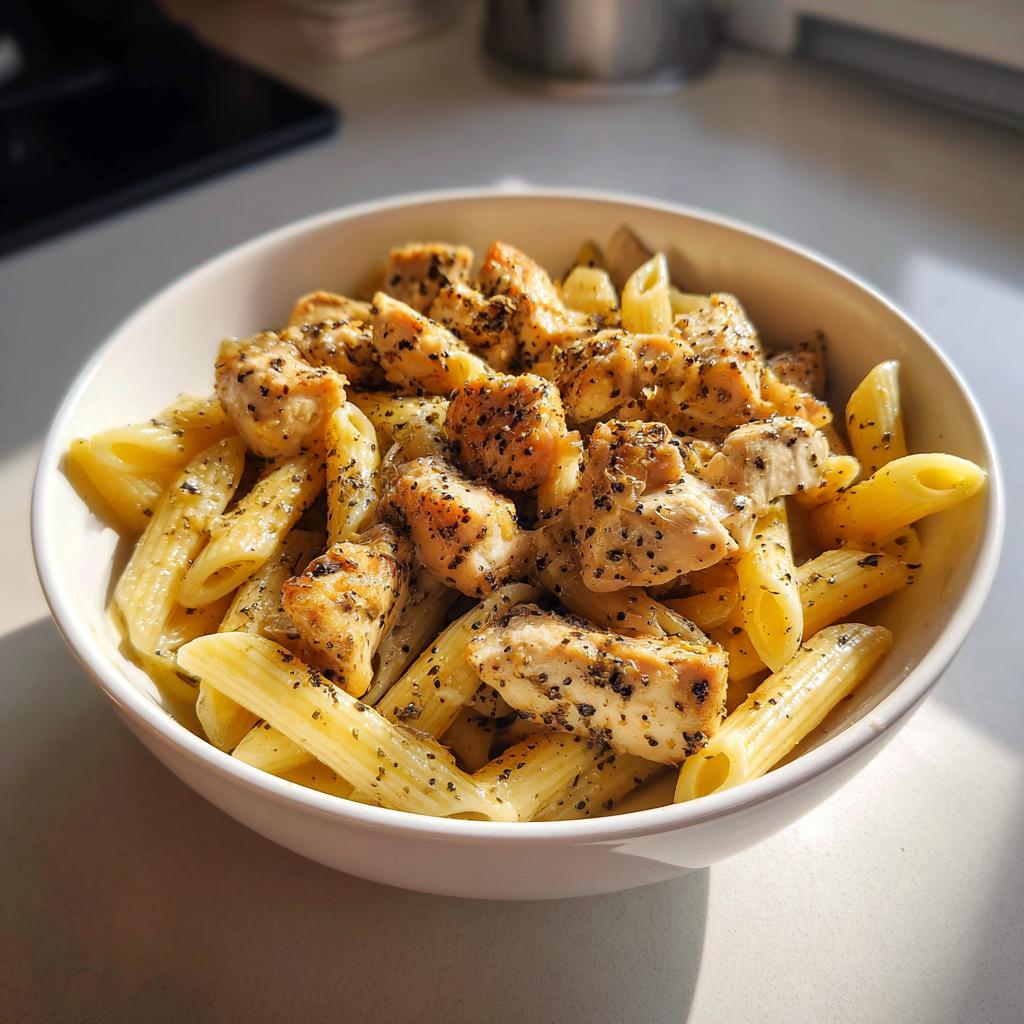 Bowl of penne pasta topped with seasoned grilled chicken pieces for chicken pasta recipes