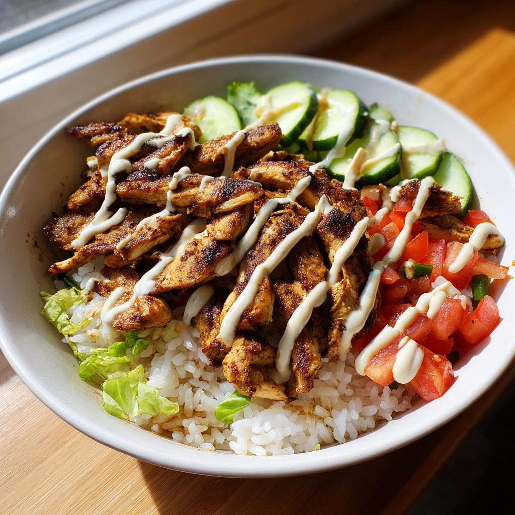 Chicken shawarma rice bowl iftar with grilled chicken, rice, cucumber, tomato, and sauce drizzle