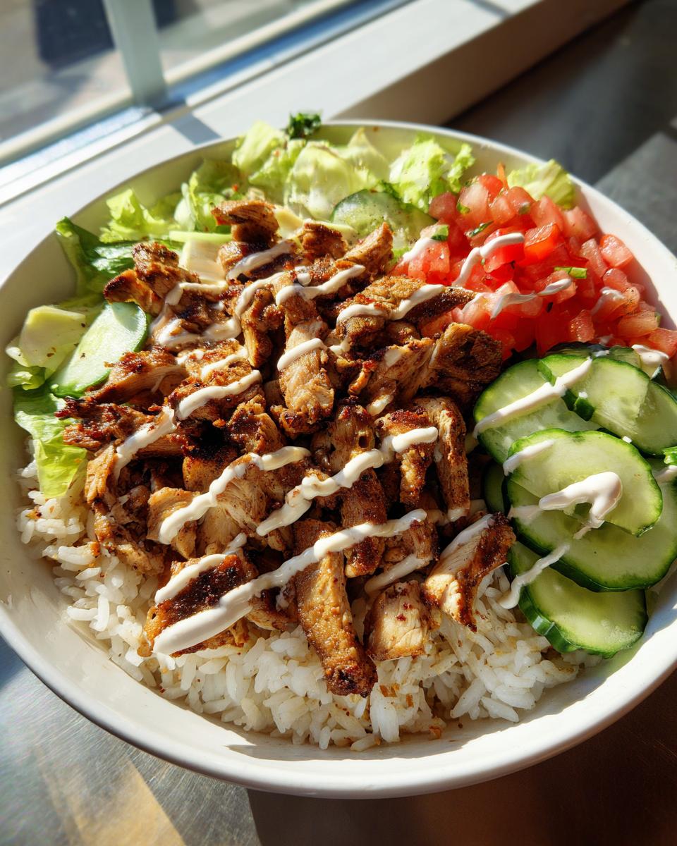 Chicken shawarma rice bowl iftar with grilled chicken, rice, lettuce, tomatoes, cucumbers, and sauce drizzle