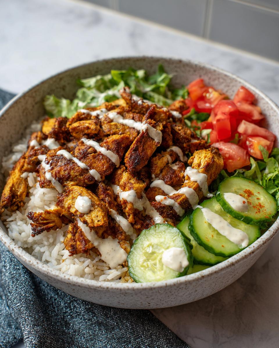 Chicken shawarma rice bowl iftar with grilled chicken, white rice, cucumber, tomato, lettuce, and drizzled sauce
