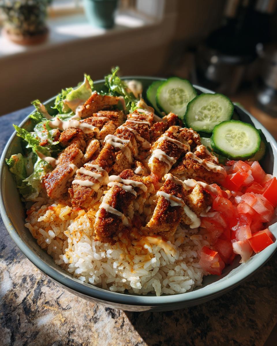 Chicken shawarma rice bowl iftar with seasoned chicken, rice, cucumber slices, diced tomatoes, and lettuce.